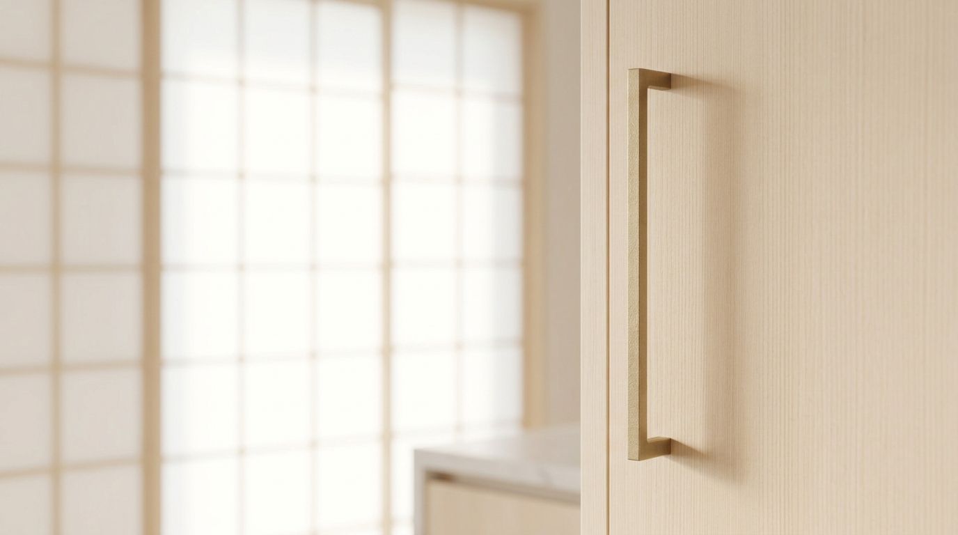 A slim brass bar pull on a pale wood sliding door, with a shoji screen softly lit by daylight behind it.
